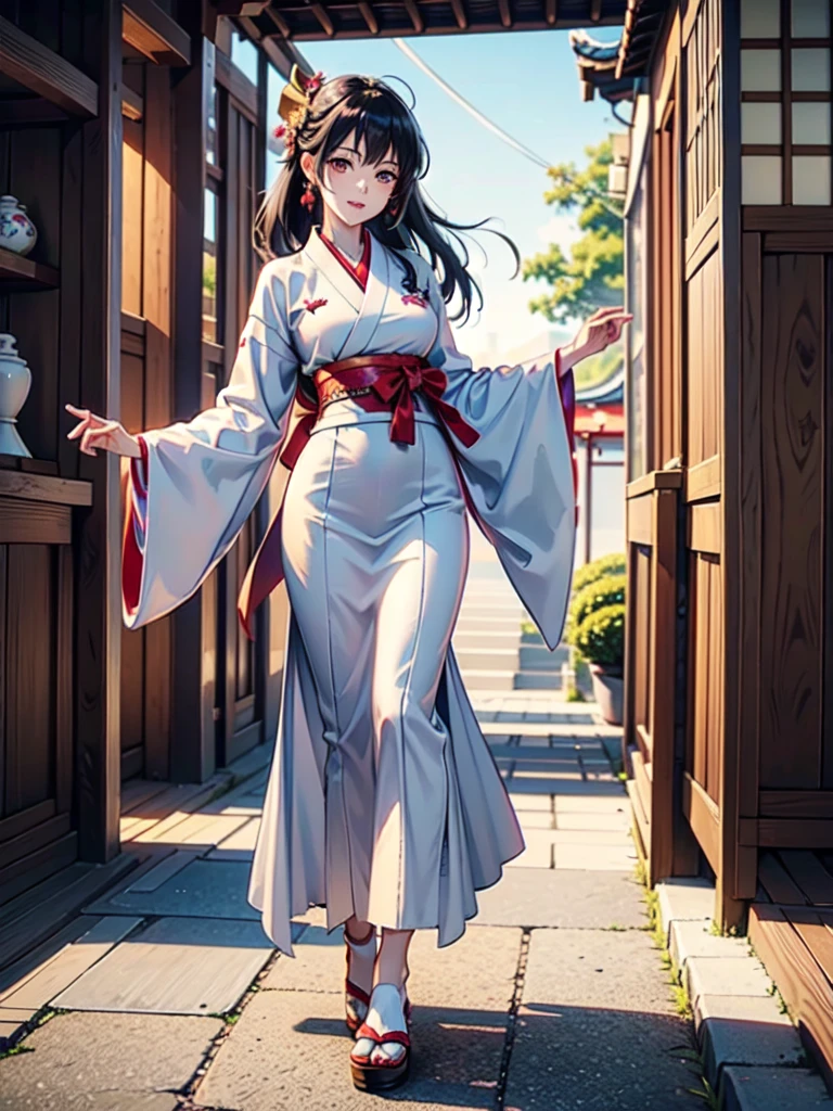 High definition、anime、pastel、A neat woman dressed in a shrine maiden outfit、Flowers sprout from beneath your feet、A long, flowing miko outfit、１８age、Half red long silver hair、Full body portrait、Wearing clogs、Large eyes like opals、Dance dedicated to the gods