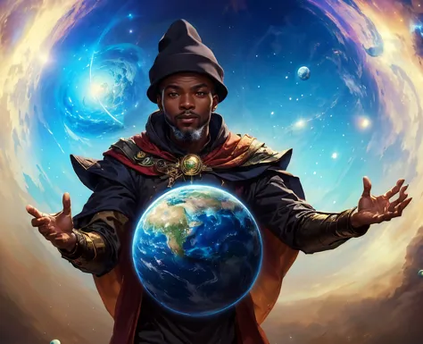 digital illustration style 2.5d of an african man in a black cap and cape, orbiting the universe and manipulating planet earth, ...