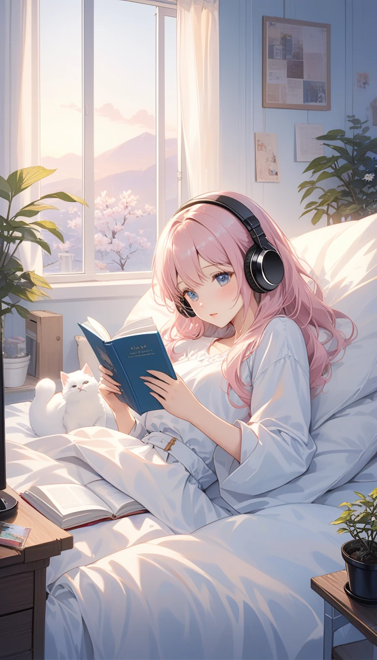 (super masterpiece　Highest quality　high resolution　High resolution) Lo-fi style、anime、A woman wearing headphones is reading a book while lying in bed、２０age、Beautiful Eyes(eye) Hair is about waist length　Her hair color is light pink with a hint of gold.、（Gloss）Casual clothing、(Anatomically correct)　Room with a night view、There is a fluffy white kitten.、coffee、magazine、There are a few small potted plants.、computer、It&#39;s raining outside、Water droplets on the window、Stylish、Close-up images