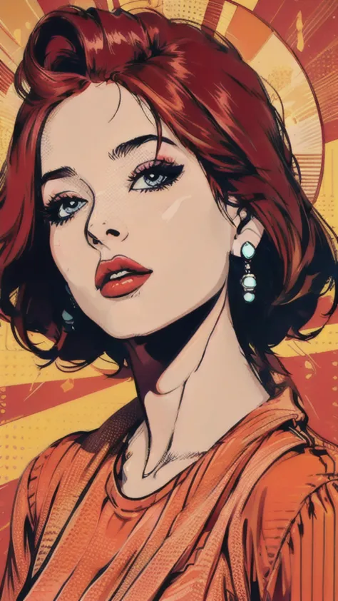 pop art,1girl,solo,shirt,jewelry,closed mouth,upper body,earrings,lips,looking at viewer,red lips,