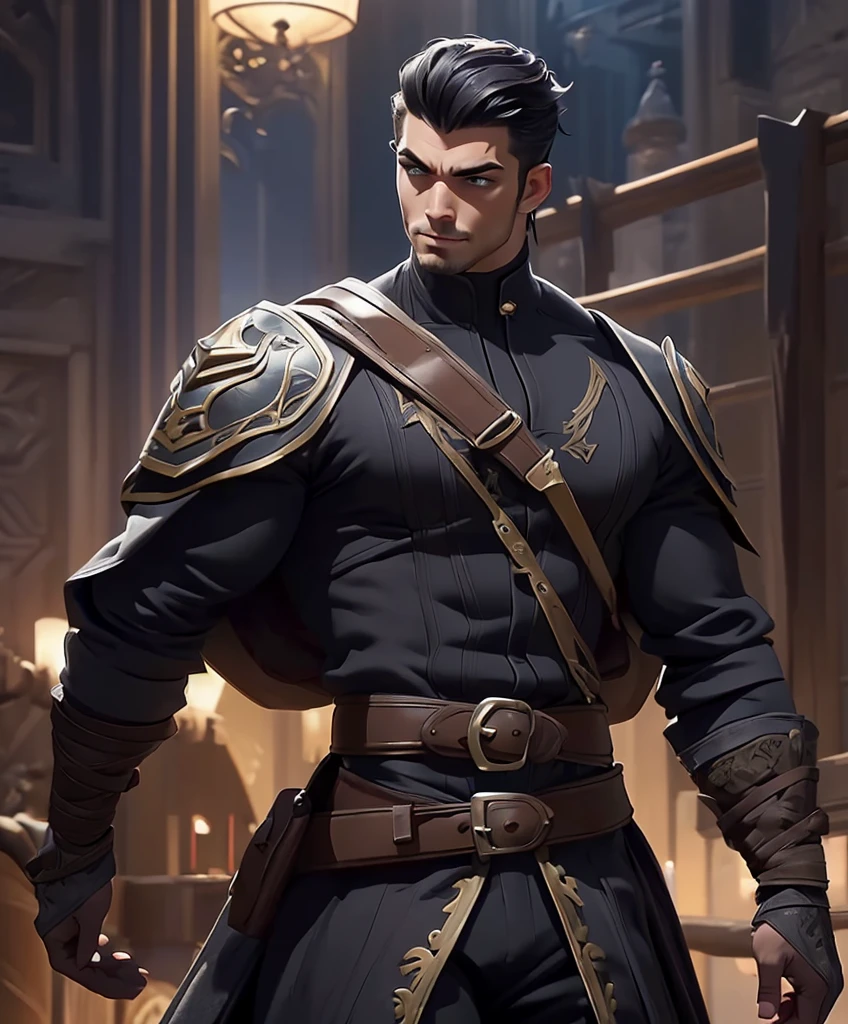 (((Solo focus.))) (((Single character image.))) Attractive male fantasy adventurer with big muscles, physically ideal physique.  Sexy pose. Muscle focus. Handsome face.  Short black hair that gives him an attractive look. Stylish medieval fantasy attire.  Dark background.  Eerie background.  His attire is intricate and detailed.  (((Sexy and handsome male adventurer.))) Smug facial expression.  Erotic stare.  Erotic pose. Luxurious black hair that makes him look sexy.  Attractive features.  Rugged features.   Attractive hairstyle.  Handsome face.  Attractive features.   Great muscles.  Great physical structure.  Dashing.  Handsome.  Smug.  Handsome features.  Swashbuckler.