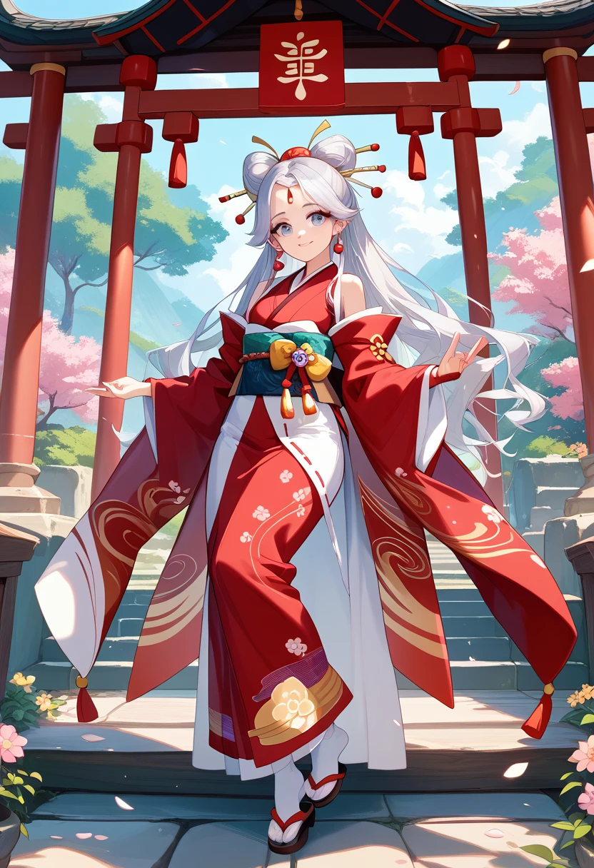 High definition、anime、pastel、A neat woman dressed in a shrine maiden outfit、Flowers sprout from beneath your feet、A long, flowing miko outfit、１８age、Half red long silver hair、Full body portrait、Wearing clogs、Large eyes like opals、Dance dedicated to the gods