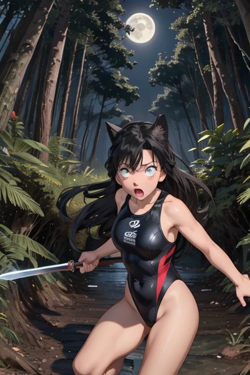 a bit, Warrior Girl, Black high leg swimsuit, sword,armor、Mouri Ran、Scared girl、shout、Convulsing with fear、独奏、Deep in the forest、Moonlit Night、