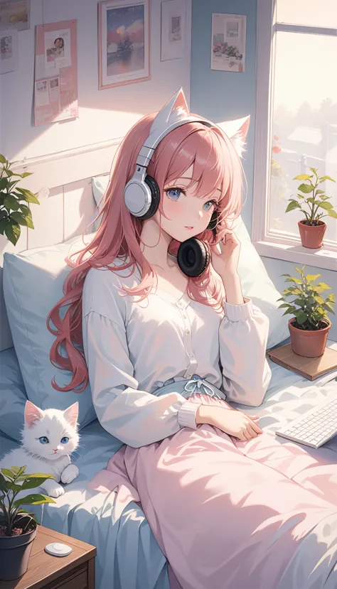 (super masterpiece　highest quality　high resolution　high resolution) lo-fi style、anime、a woman wearing headphones is lying on her...