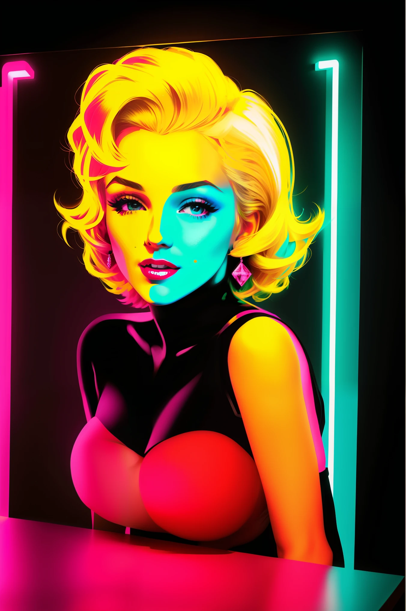 existe existe Marilyn Monroe, Colored blonde hair, standing, 3D neon art of a woman&#39;s body, neon-noir background, femme fatale cyberpunk, seductive cyberpunk dark fantasy, cyberpunk strip clubs, cyberpunk 20 years. oh model girl, cyberpunk oppai, flag, high definition cg society, cg society masterpiece, trends on cgstation, KDA, random hair, looking at the camera, gigantic breastss, neckleace, (highly detailed skin:1.2), 8k hd, dslr, super lighting, high qualiy, film grain, high resolution, highy detailed, hyperrealisti, beautiful  face, Body cute, beautiful eyes nose lips, seductive expression, very bold, top visible, photo by full body, standing legs apart, pale skin, translucent and shiny, most beautiful  face, cute, (well-defined pubic hair:1.2)), (dark smooth black background:1.4))