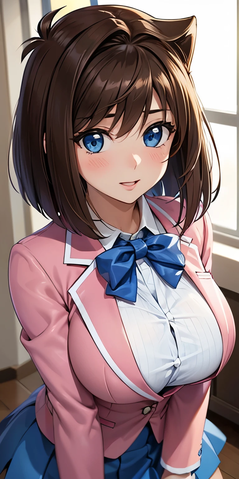 1 Female,High definition,high resolution,Ultra-realistic,8K, aamazaki, (antenna hair:1.2), blue bowtie,blue eyes, pink jacket, blazer, long sleeves, blue skirt, tight skirt, miniskirt,European,sexy,Upper body close-up,Photographed from the front,Dynamic Angles,private teacher,blush, nipples ,show tits,cum on tits , detailed face, perfect face,cute