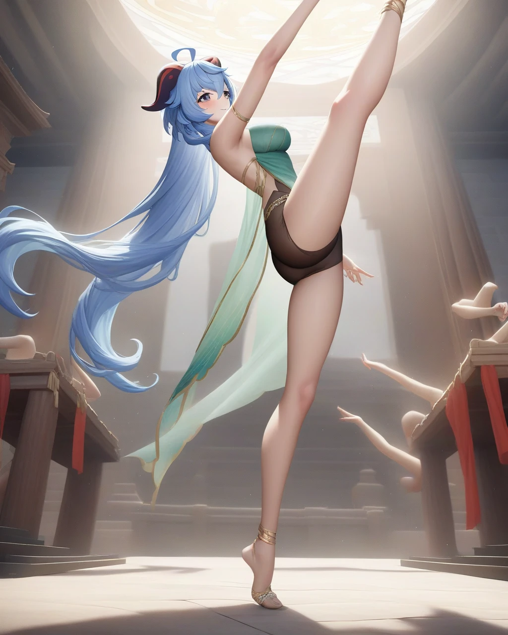 Ganyu, Genshin impact, ((Ultra high resolution, 8K RAW photo, super realistics)), ((correct anatomy:1.5, ideal ratio of body proportions, long legs:1.37)), dancing Oppai gal, dancing, swinging , stepping hard, (rising up leg:1.2, arm up:1.3, arm pit:1.2), floating turn, turning, twisted body, long wavy hair, blue hair, crimson mesh hair, floating hair, fluttering hair, (high detailed face, super detailed eye), (sfw:1.25), belly dance, Arabian, turquoise green outfits, delicate detailed clothes and accessories, see-through clothes, mesh robe, great festival show, indoors, in a temple, special altar, sexy dance, leaning backward, showing off crotch, looking at viewer, sexy smile, dutch angle, from below, side view, floating extra see-through clothes, splash, bokeh, extra floating see-through clothes,