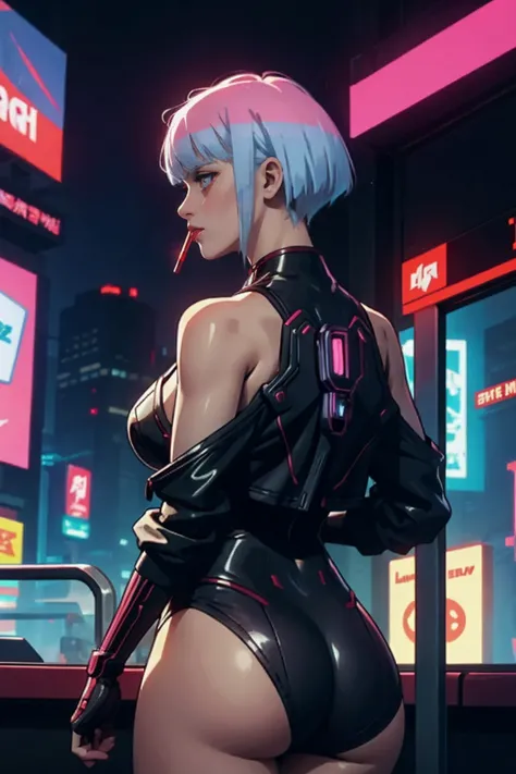 a woman, lucy,smoking, looking at the audience, cyberpunk, from behind,