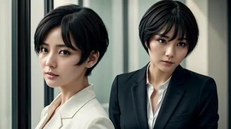 a woman investigating、wearing a suit、short hair、shorthair、black hair、blackhair、35-year-old woman、4k、（（masterpiece））、（delicate）