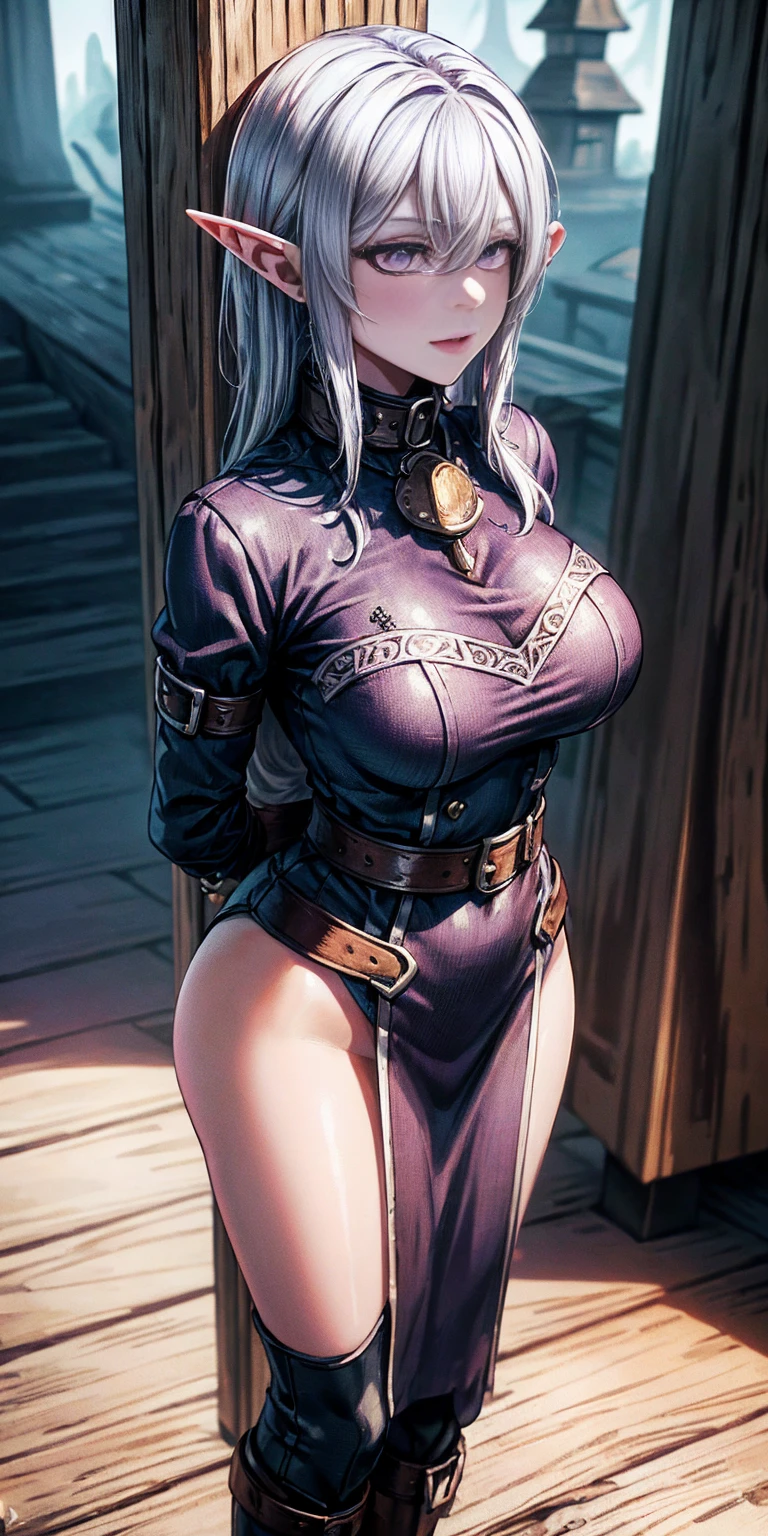 (Masterpiece, best quality, intricate details, 1sologirl) iron collar, arms behind back, iron cuffs, shackles, bound ((standing by wooden pole:1.2)) looking from above happy closed mouth, (Female drow elf chest covered very purple skin)(smile) pale golden hair and violet eyes. They prefer clothing of white and silver with cloaks of deep blue or purple, village background, huge knockers, ((very precise detailed)), ((high res)