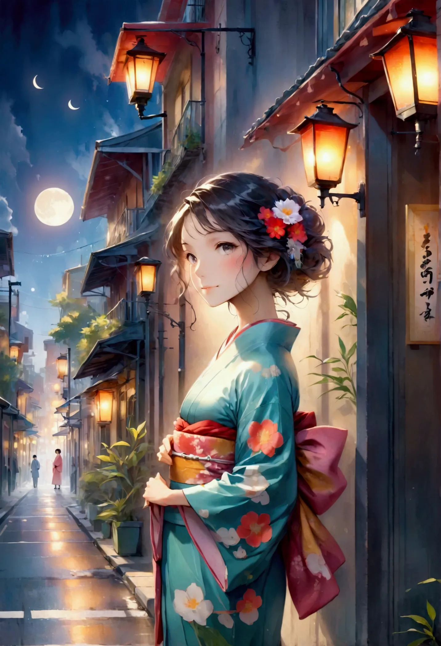 studio ghibli style、under the crescent moon、new orleans street corner、a beautiful japanese woman in a kimono leans against a gas...