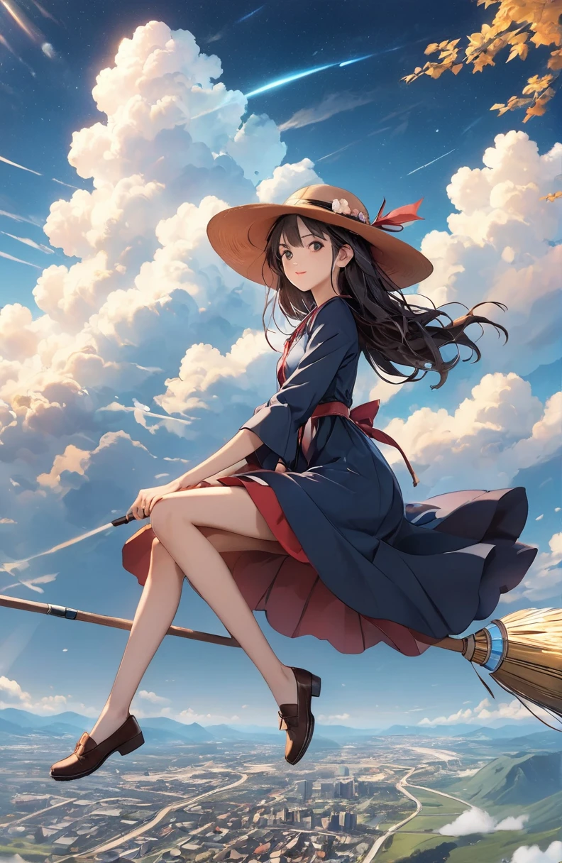 One beautiful girl、Mystical feeling、cute１７Year old girl、Skywalk、See the cityscape from the sky、Flying in the sky、超High resolution, High resolution, 4K, 8k,close,、Girl in the sky、Blue sky and blue world、 work in deep blue sky,Cumulonimbus、Ride on the clouds