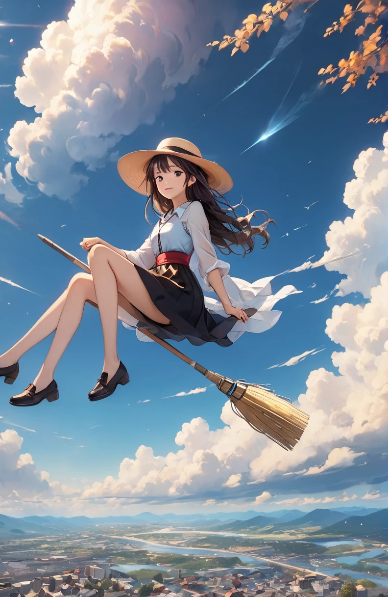 One beautiful girl、Mystical feeling、cute１７Year old girl、Skywalk、See the cityscape from the sky、Flying in the sky、超High resolution, High resolution, 4K, 8k,close,、Girl in the sky、Blue sky and blue world、 work in deep blue sky,Cumulonimbus、Ride on the clouds