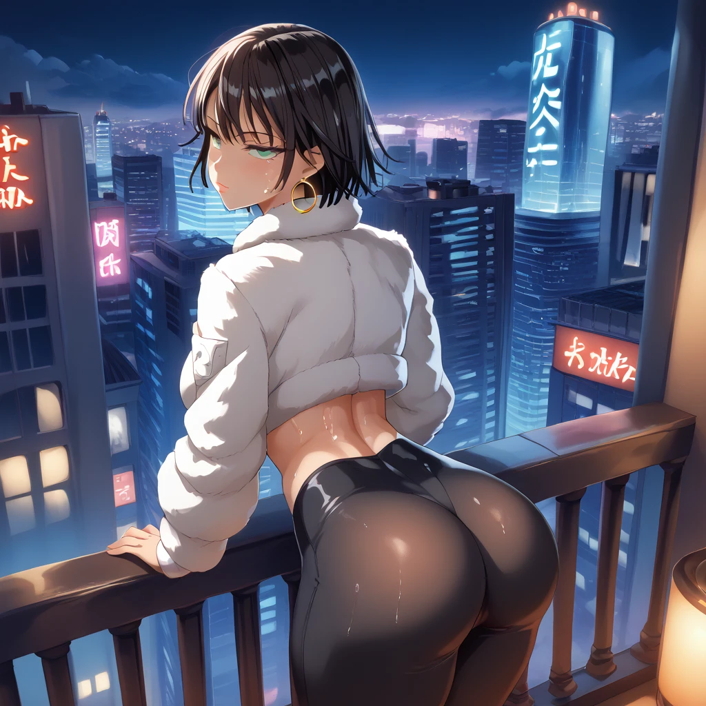 (SAFE FOR WORK), 1 female, Yusuke Murata style, Fubuki from One Punch Man, anime-style face, sexy face, leaning on balcony, back view, perfect ass, really wet body, longer face, short black hair, fully lidded eyes, green eyes, puckered lips, no lipstick, slim/toned body, extremely slim waist, arched back, perfect hour glass shape, skin shine, GGG breasts, perfect ass, black skin tight long dress, white fur jacket, toned midriff,, large hoop earrings, pearl necklace, night, detailed city background, futuristic city, penthouse, lots of skyscrapers, Tokyo, Japanese symbols neon lights, volumetric lighting, thick thighs, more details,