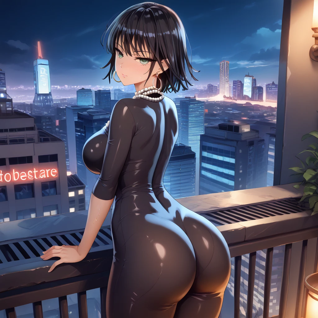 (SAFE FOR WORK), 1 female, Yusuke Murata style, Fubuki from One Punch Man, anime-style face, sexy face, leaning on balcony, back view, perfect ass, really wet body, longer face, short black hair, fully lidded eyes, green eyes, puckered lips, no lipstick, slim/toned body, extremely slim waist, arched back, perfect hour glass shape, skin shine, GGG breasts, perfect lower body, curves, black skin tight long dress, toned midriff,, large hoop earrings, pearl necklace, night, detailed city background, futuristic city, penthouse, lots of skyscrapers, Tokyo, Japanese symbols neon lights, volumetric lighting, thick thighs, more details,