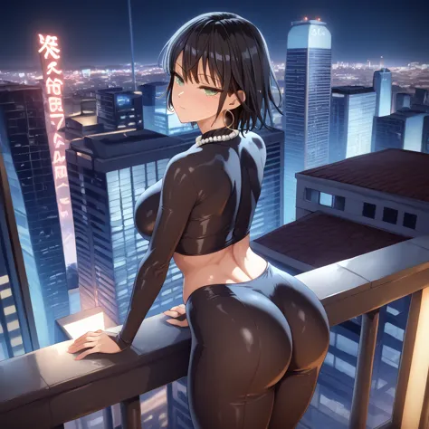 (safe for work), 1 female, yusuke murata style, fubuki from one punch man, anime-style face, sexy face, leaning on balcony, back...