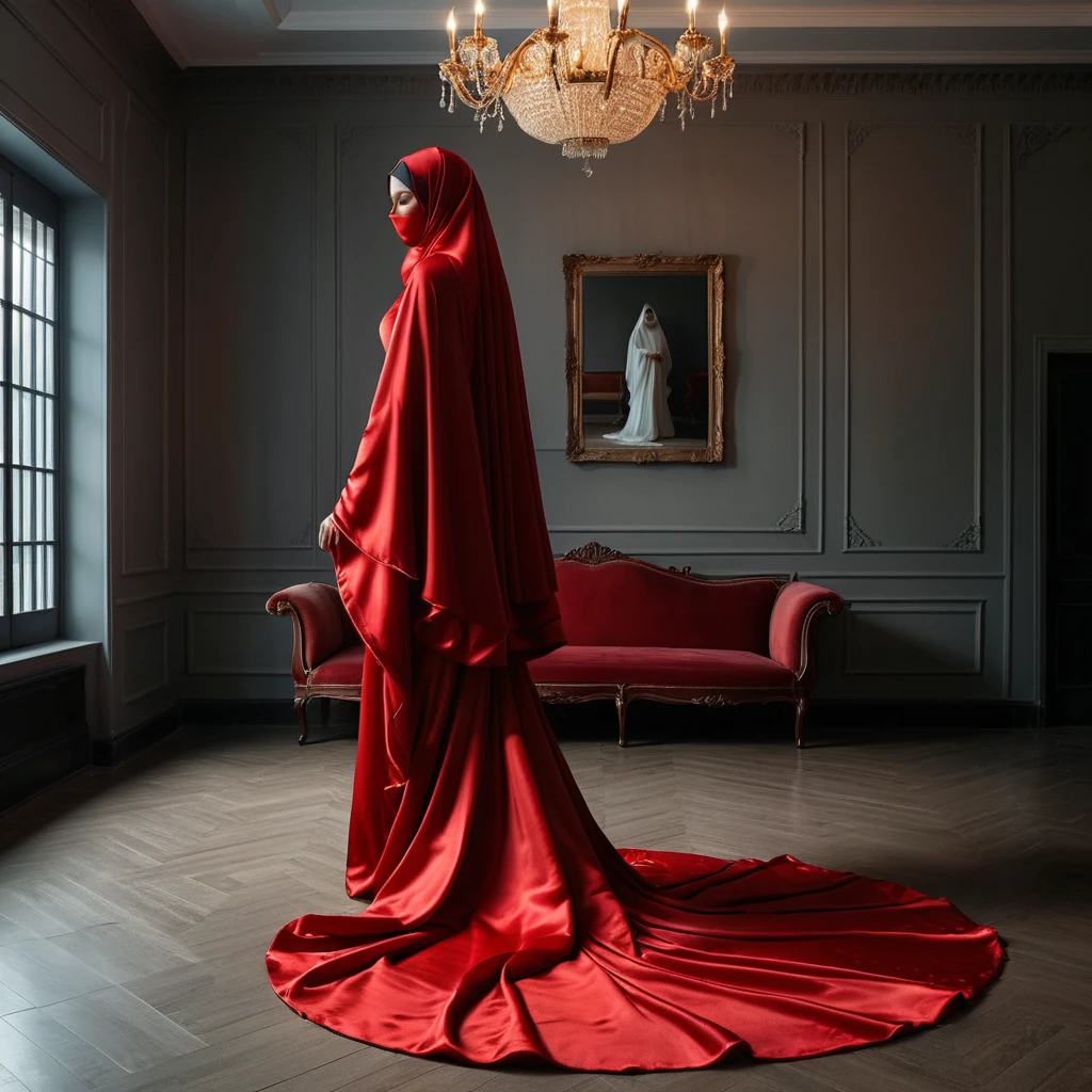 A woman shrouded in a 4-meter-long, plush red satin cloth, tightly bound and grandly draping along the form of her body, flowing off into a pooled floor-length train, styled in a mermaid-inspired outfit, her head modestly veiled in a satin hijab, tall woman, standing in front of class, a full-body pose conveying a sense of mysterious elegance, captured in a 4k resolution, ultra-realistic