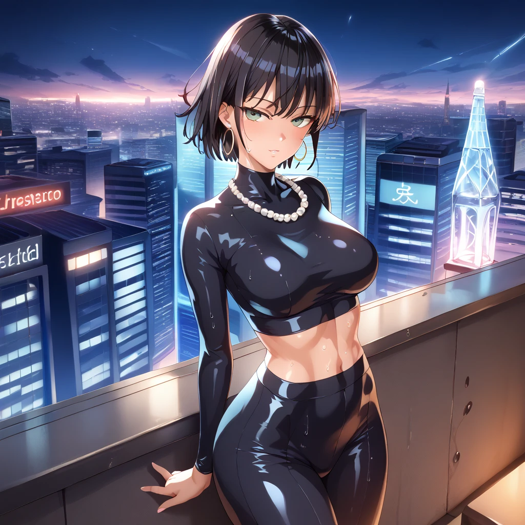 (SAFE FOR WORK), 1 female, Yusuke Murata style, Fubuki from One Punch Man, anime-style face, sexy face, leaning on balcony, back view, really wet body, longer face, short black hair, fully lidded eyes, green eyes, puckered lips, no lipstick, slim/toned body, extremely slim waist, arched back, perfect hour glass shape, skin shine, GGG breasts, curvy, black skin tight long dress, toned midriff,, large hoop earrings, pearl necklace, night, detailed city background, futuristic city, penthouse, lots of skyscrapers, Tokyo, Japanese symbols neon lights, volumetric lighting, thick thighs, more details,