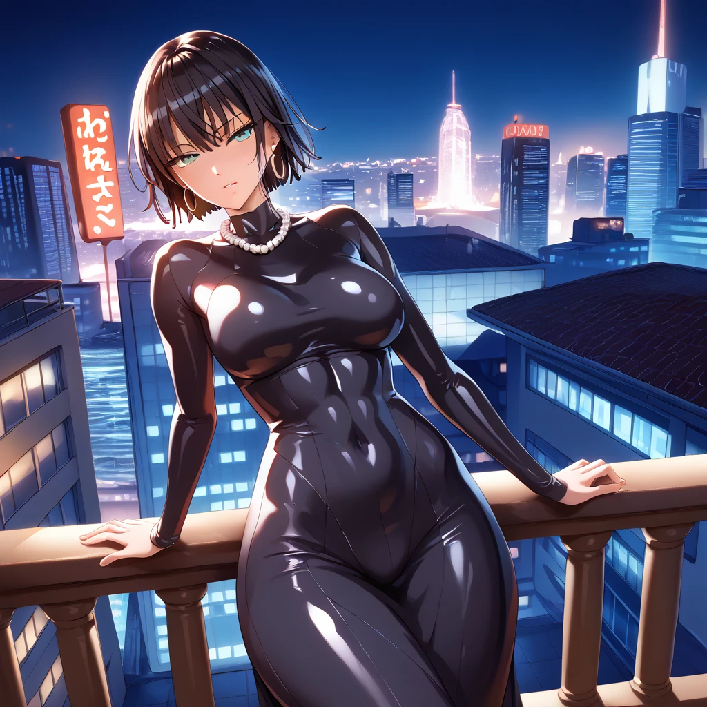 (SAFE FOR WORK), 1 female, Yusuke Murata style, Fubuki from One Punch Man, anime-style face, sexy face, leaning on balcony, back view, really wet body, longer face, short black hair, fully lidded eyes, green eyes, puckered lips, no lipstick, slim/toned body, extremely slim waist, arched back, perfect hour glass shape, skin shine, GGG breasts, curvy, black skin tight long dress, toned midriff,, large hoop earrings, pearl necklace, night, detailed city background, futuristic city, penthouse, lots of skyscrapers, Tokyo, Japanese symbols neon lights, volumetric lighting, thick thighs, more details,