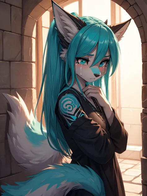 1 girl, miku hatsune, add high definition_detail:1, blue fur,kitsune ears, tribal tattoo add_detail:1, frente a un espejo, ropa ...