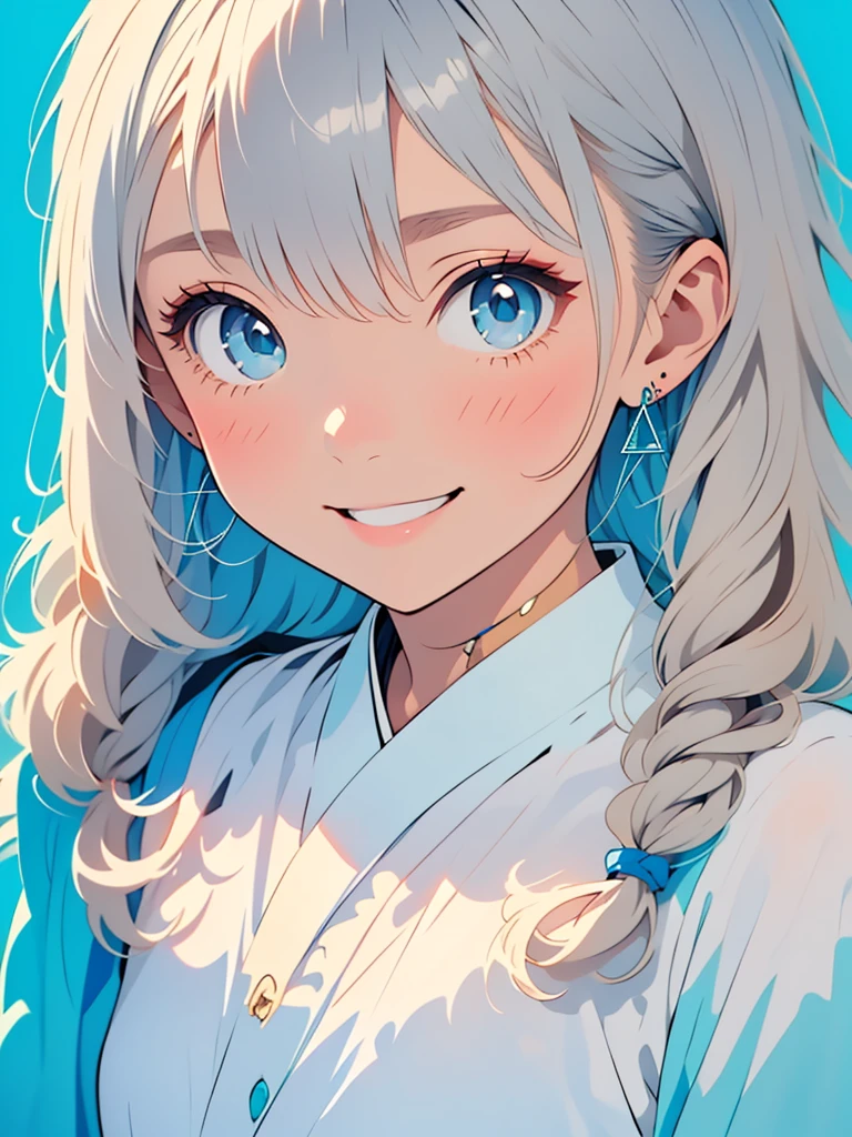 Minimalist, Stylish girl, Gray Hair, Blue background, Wear special earrings, Bohemian style, Defined eyelashes, Bright Blue Eyes, clean transparent eyelashes, close, Smiling face flat illustration, geometry, clean, Japanese Manga,