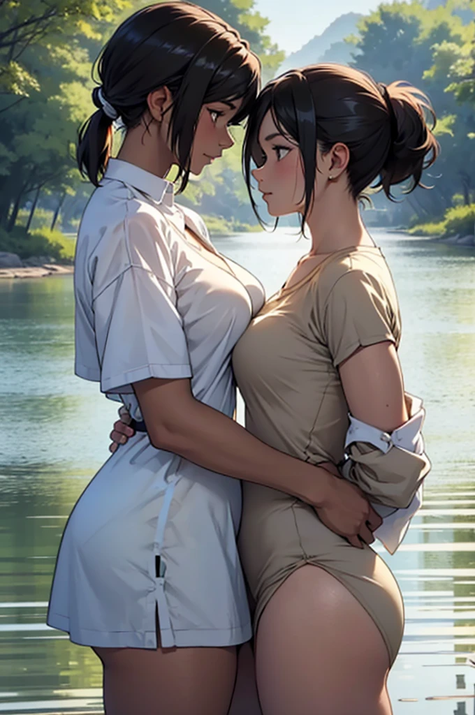 （masterpiece，high quality），A tall girl with a chestnut-colored bob cut, large breasts, and a kind face, and a slightly shorter, slim girl with black hair in a ponytail.、Two girls with intense eyes face each other，Leading the way，Anime，See each other，Embrace each other，Gentle idea-m chest，Wet shirt，（Standing on the lake），Morning Glow：1.2，Side view