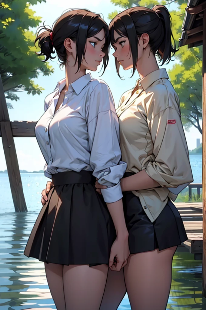 （masterpiece，high quality），A tall girl with a chestnut-colored bob cut, large breasts, and a kind face, and a slightly shorter, slim girl with black hair in a ponytail.、Two girls with intense eyes face each other，Leading the way，Anime，See each other，Embrace each other，Gentle idea-m chest，Wet shirt，（Standing on the lake），Morning Glow：1.2，Side view