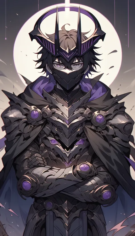 1 boy,mask,exomech,black hair,hair between eyes,messy hair,black armor,machina,horns,headgear,full armor,[purple|blue] colourtri...