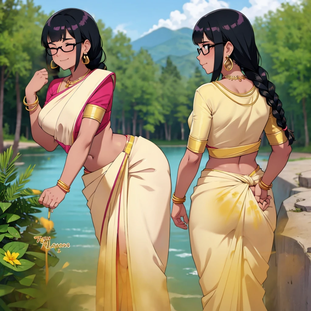 2females, indian teenage girl, black hair, hair tied in braids, tomboy hair bang, wearing glasses, blushing intensely, skinny body, dark skin, relieved face, eyes closed, pink saree, wearing golden necklace and earrings, wearing golden bracelets, bend over, letting out fart, massive fart, yellow smoke rising, hand on tummy, bending forward, leaning, hand on stomach, viewing ass, viewing from behind, by the river, near a hut, tiny heart signs