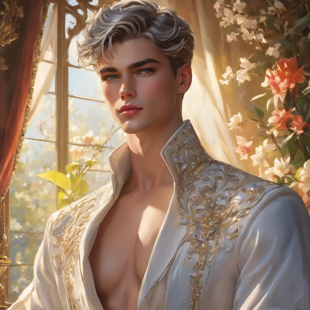 In this breathtaking artwork, miniature doll-sized male models, inspired by the iconic supermodels Sean O’Pry and Lucky Blue Smith, take center stage in a vibrant scene reminiscent of a Ken doll fantasy. With jointed doll features and porcelain-like skin, these charming figures boast an irresistible blend of sophistication and natural beauty.
Sporting short silver-gray undercut hairstyles, Wearing small white embroidery-detailed thong, he has toned chest and abs and he exudes sophistication and elegance against the backdrop of a luxury bedroom. The room is adorned with 1915 Oriental theme, surrounded by luxury exotic furniture, velvet drape curtains, and colorful wildflowers, creating a vibrant and enchanting atmosphere.
Captured from a dynamic angle, over shoulder look photo showcases the models amidst the meticulously arranged Employing three-point lighting and incorporating 3D animation shadows, the photographer enhances the models' features, resulting in an image of unparalleled realism and detail.
using a Canon EOS R6 and Sigma AF 24mm F1.4 EX DG HSM lens by Thomas Synnamon, the focus of the photo is on his captivating presence and the intricate details of the surroundings, Utilize natural soft lighting, casting gentle highlights and shadows that accentuate the contours of his face and body, The light creates a warm intimate atmosphere with a soft golden tone that enhances his skin,
With its dramatic composition and seductive lighting, this masterpiece invites viewers to immerse themselves in a world of charm and sophistication. It celebrates the beauty of the male form while capturing the essence of a fun-filled day, where joy and relaxation abound.