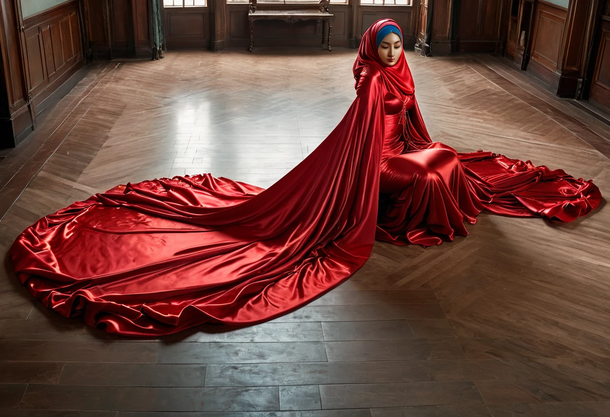 A woman shrouded in a 4-meter-long, plush red satin cloth, tightly bound and grandly draping along the form of her body, flowing off into a pooled floor-length train, styled in a mermaid-inspired outfit, her head modestly veiled in a satin hijab, a full-body pose conveying a sense of mysterious elegance, captured in a 4k resolution, ultra-realistic