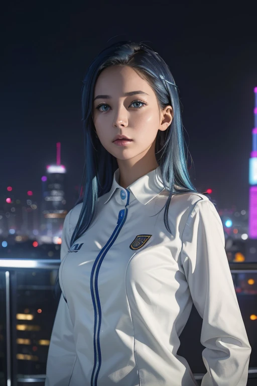 a beautiful, elegant girl with long, flowing blue hair, piercing blue eyes, and a mature, confident expression, wearing a school uniform, standing in a futuristic, high-tech city setting with neon lights, skyscrapers, and advanced technology in the background, 1girl, (best quality,4k,8k,highres,masterpiece:1.2),ultra-detailed,(realistic,photorealistic,photo-realistic:1.37),detailed face, extremely detailed eyes and face, longeyelashes, detailed school uniform, advanced technology, futuristic city, neon lights, skyscrapers, cinematic lighting, vibrant colors