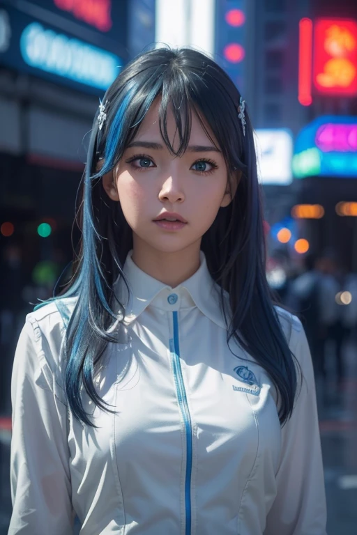 a beautiful, elegant girl with long, flowing blue hair, piercing blue eyes, and a mature, confident expression, wearing a school uniform, standing in a futuristic, high-tech city setting with neon lights, skyscrapers, and advanced technology in the background, 1girl, (best quality,4k,8k,highres,masterpiece:1.2),ultra-detailed,(realistic,photorealistic,photo-realistic:1.37),detailed face, extremely detailed eyes and face, longeyelashes, detailed school uniform, advanced technology, futuristic city, neon lights, skyscrapers, cinematic lighting, vibrant colors