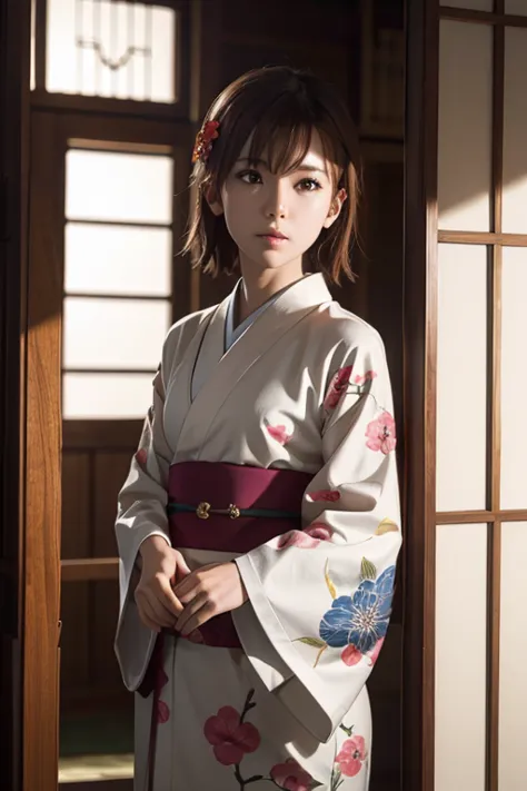 mikoto climbed up, short hair, kimono