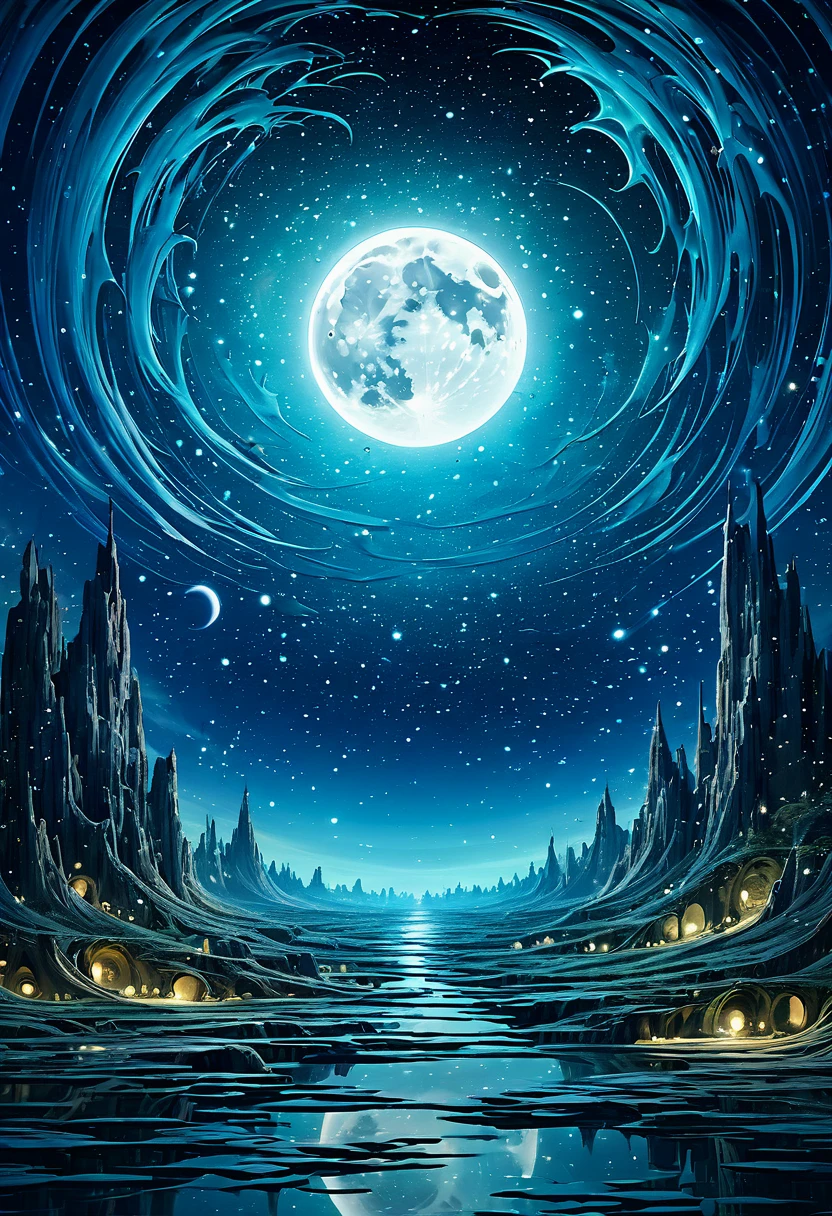 The moon is surrounded by many, many glowing stars. The starry sky is twinkling and the light trails are even brighter. Surreal scene. Beautiful stunning composition. Subtle shadows and highlights. Dark blues, light blues and greens, and purple tones. More color layers. Transformation Mystery Vibrant Tones Action Painting Highly Detailed HD Cinematic Close-Up Magical Fantasy Gorgeous Digital Art