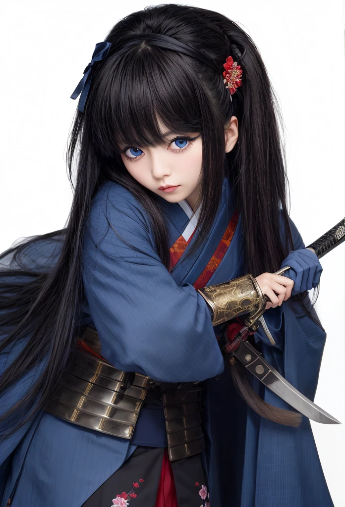  (masterpiece、premium quality、ultra detailed)、(Reflected light、ultra-high definition、single focus)、1girl, solo, long hair, looking at viewer, bangs, blue eyes, black hair, hair ornament, thighhighs, long sleeves, holding, closed mouth, standing, full body, weapon, frills, japanese clothes, hairclip, sword, black thighhighs, kimono, holding weapon, armor, high heels, sash, holding sword, obi, katana, shoulder armor, sheath, blue kimono