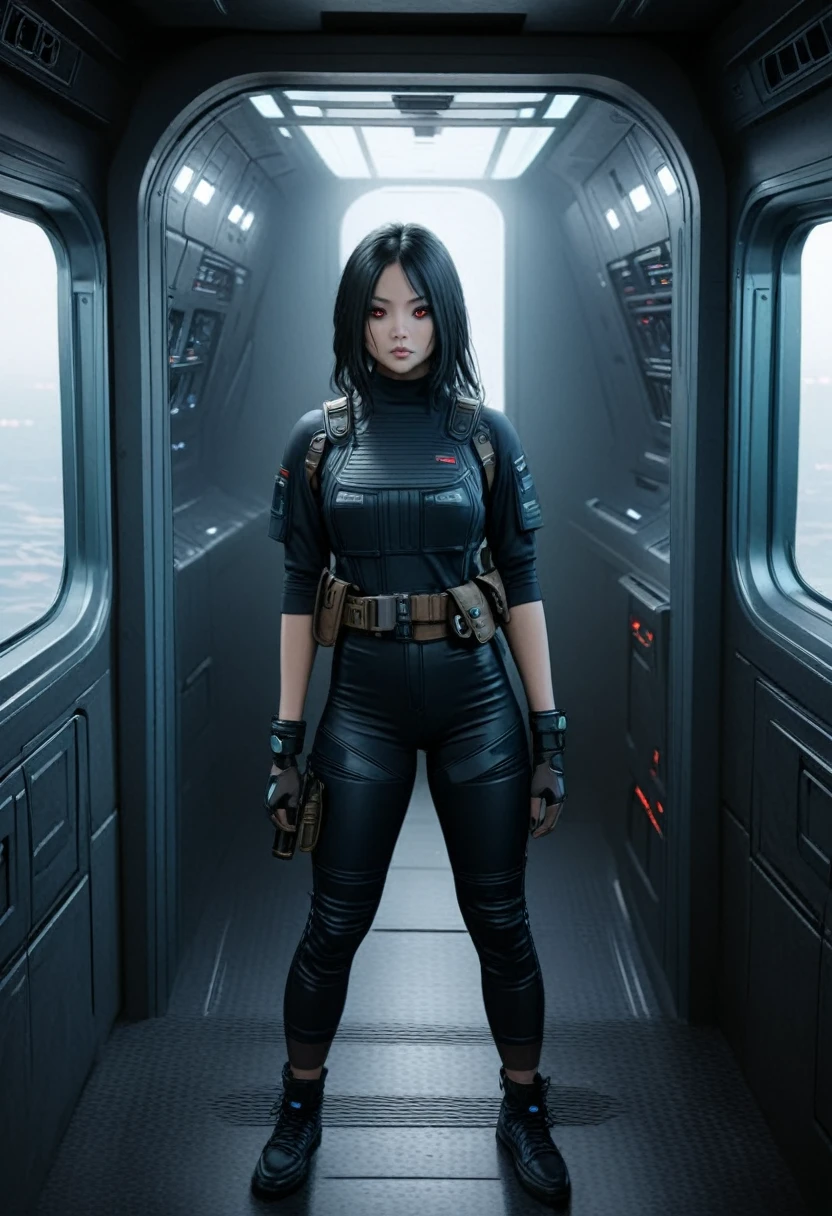 A female Chiss with dark blue skin, black hair, and red eyes, wearing a black jumpsuit, tool belt, in a full body pose, standing next to a window in the hallway of a spaceship, (best quality,4k,8k,highres,masterpiece:1.2),ultra-detailed,(realistic,photorealistic,photo-realistic:1.37),detailed cyberpunk character, hyper realistic, highly detailed face, intricate details, dramatic lighting, sci-fi, cinematic, moody atmosphere, cinematic lighting, dramatic lighting, vibrant colors, depth of field
