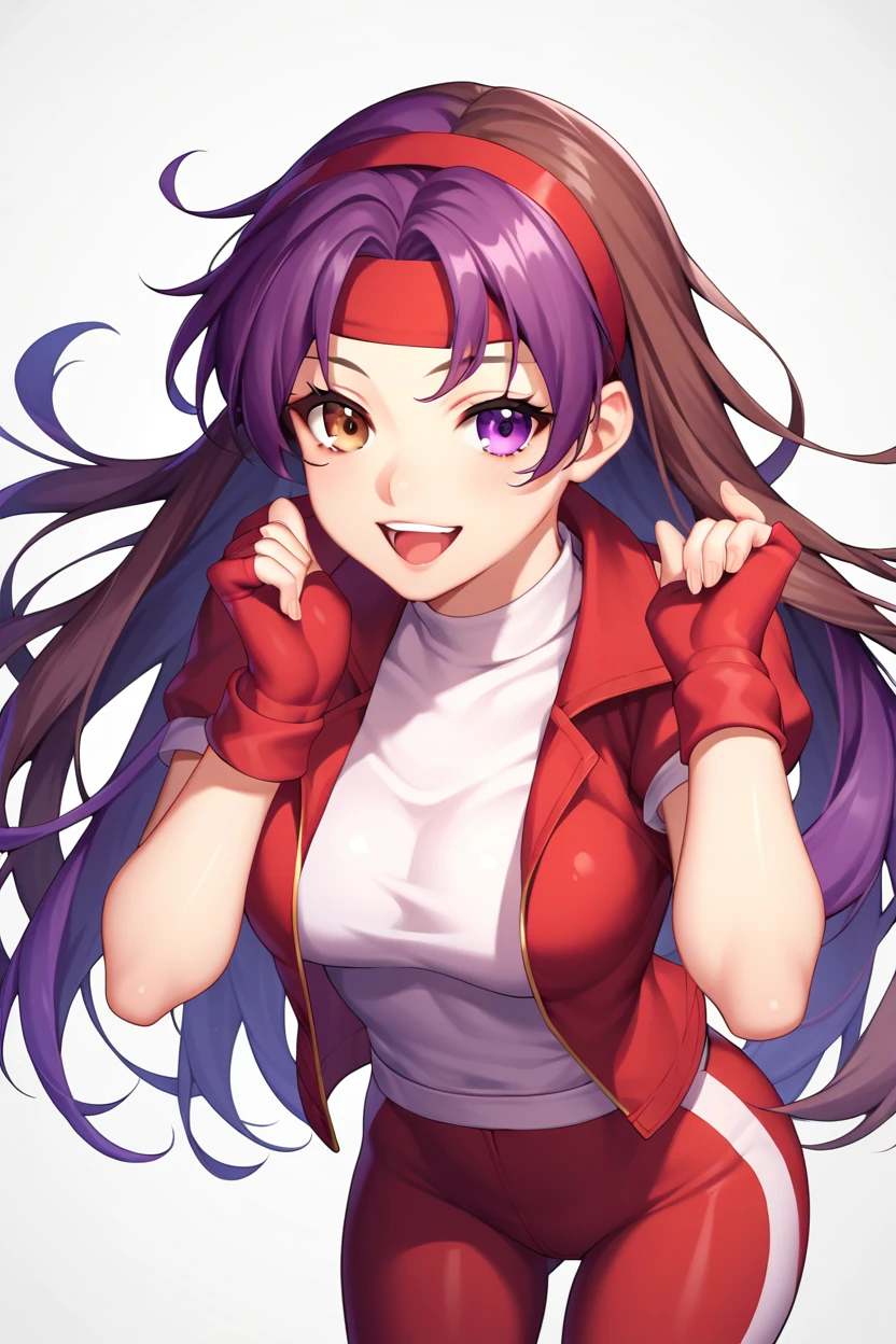 , score_8_up, score_7_up,score_6_up, score_5_up, score_4_up , 1girl, solo, ((Split hair)), ((brown hair)), ((purple hair)). heterochromia, brown eyes and purple eyes, yuri, dougi, spandex, headband, fingerless gloves, , brown hair, brown eyes, single braid, asamiya asamiya athena, purple eyes, purple hair, long hair, white earrings, red hairband, star hair ornament, medium breats, red vest, white turtleneck, white puffy sleeves, short sleeves, red pleated skirt, (deep red pantyhose:1.2), black pantyhose, yellow belt, purple sphere shape necklace, red fingerless gloves, happy, cowboy shot, simple background