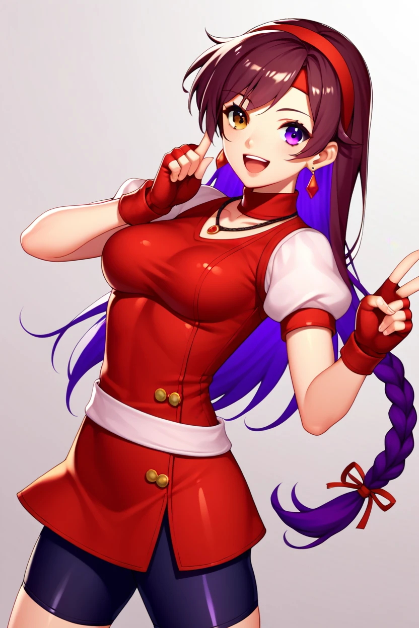 , score_8_up, score_7_up,score_6_up, score_5_up, score_4_up , 1girl, solo, ((Split hair)), ((brown hair)), ((purple hair)). heterochromia, brown eyes and purple eyes, yuri, dougi, spandex, headband, fingerless gloves, , brown hair, brown eyes, single braid, asamiya athena, purple hair, long hair, hairband, long hair, necklace, bike shorts, earrings, red dress, medium breasts, puffy short sleeves, white sleeves, wristband, happy, cowboy shot, simple background