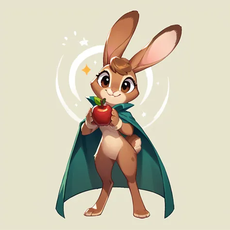 full body view from a rabbit fursona with palebrown fur, female, long ears, smiling, wearing cape, friendly bunny, holding a swe...