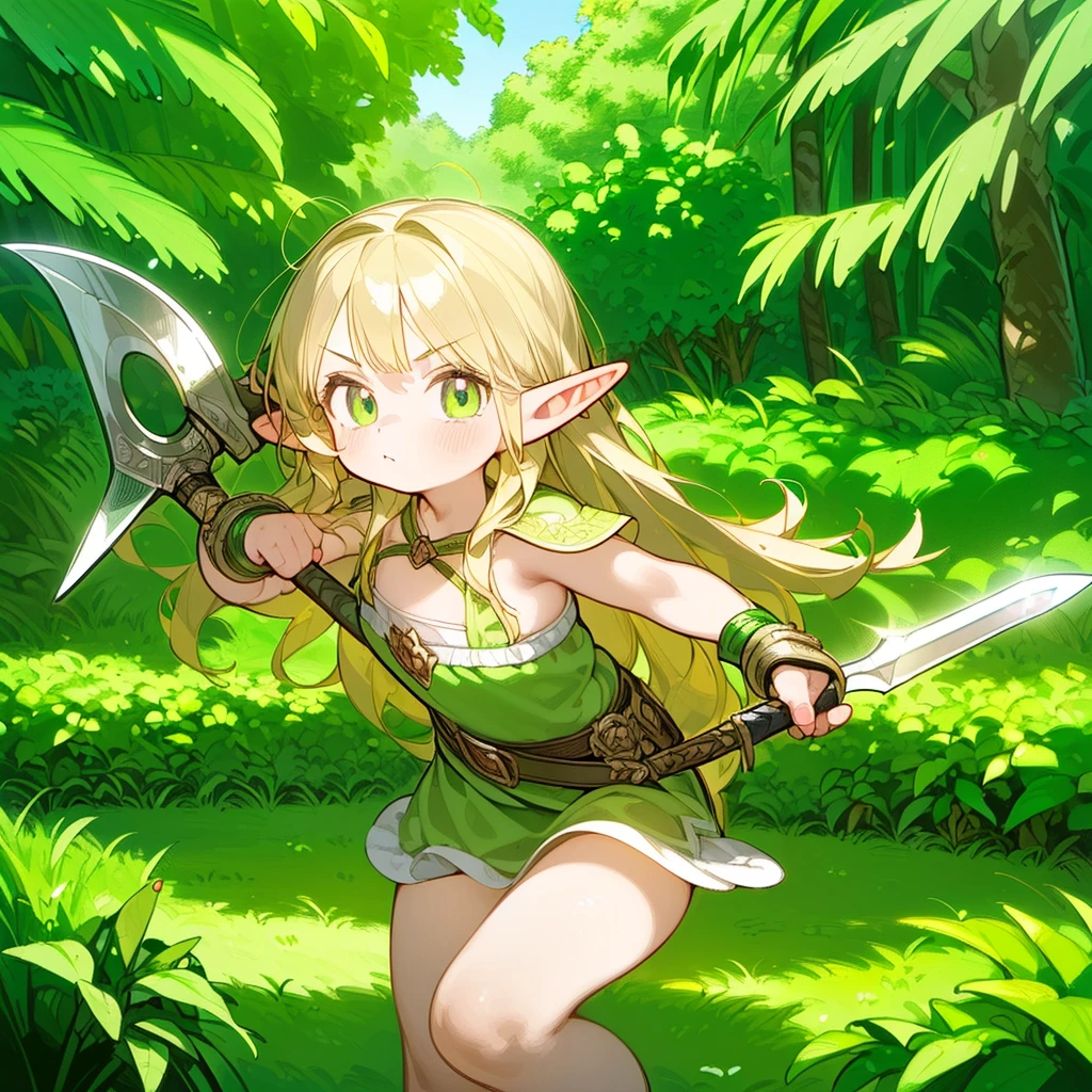 (Top quality, ultra-high resolution, historical masterpiece) 1 girl ((Cute little beautiful girl elf)) (Mini, short, petite) (Young, younger, looks younger) Fighting something ((Green eyes, long wavy blonde)) (Photo quality: 1.3) Bikini armor with plants, belt, sword, axe, spear, equipped with any weapon, action pose, active pose, dynamic angle, jungle, colorful birds,