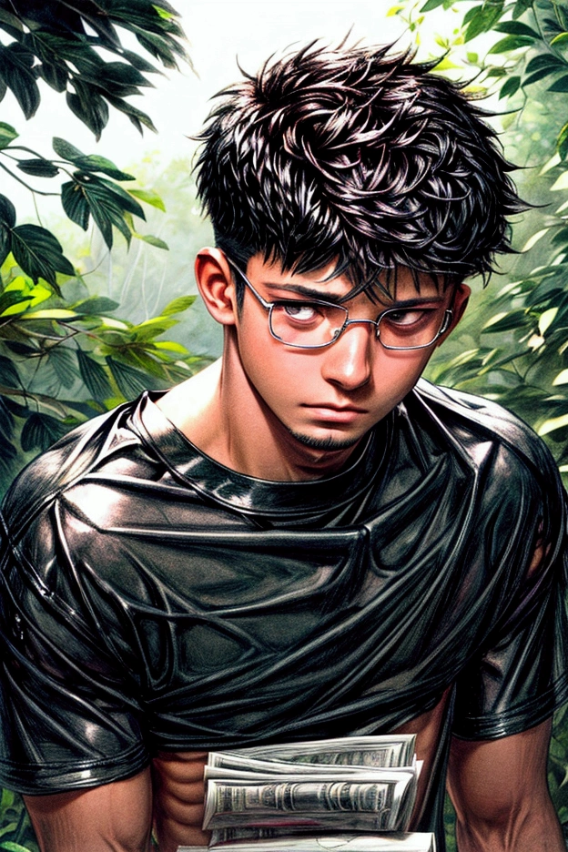 A cute 15-year-old teenage boy with a thin, torn and wet shirtless body, shiny black armpit hair thick and wet, shiny very short black hair with bottom shaved combed neatly, wearing stylist silver-rimmed glasses, tight white denim with a newspaper print pattern, standing by a lush tree with one side hands clinging to branches, faces with a thin smile looking at you