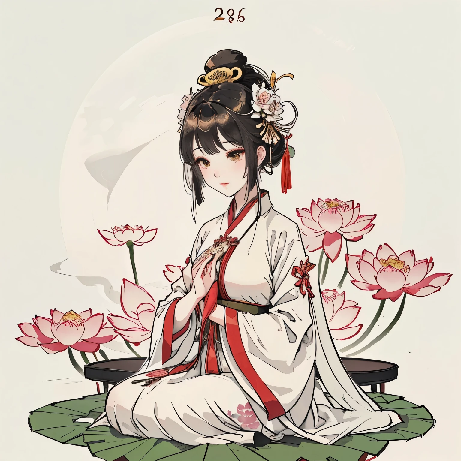 Close-up of lotus posture, Ghost Festival, Sitting on the lotus, Lotus flower crown girl, Tranquility illustration, palace ， Girl wearing Hanfu, Standing gracefully on the lotus, by Qu Leilei, Chinese painting style, Japanese art style, Ancient Chinese Art Style, 256x256