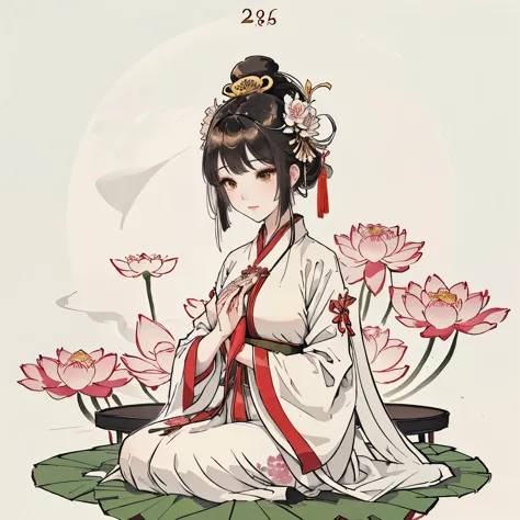 close-up of lotus posture, ghost festival, sitting on the lotus, lotus flower crown girl, tranquility illustration, palace ， gir...