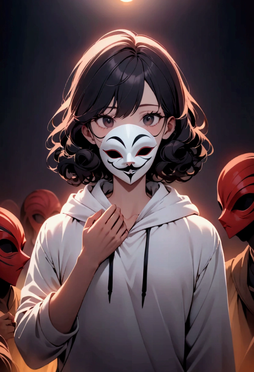 A person with medium-length curly dark hair is wearing a white hoodie and a stylized Guy Fawkes mask. The mask covers the entire face, and the person is also wearing round glasses over the mask. The individual is holding his hand up to his chest. The lighting in the image is dim, with a dark and moody environment, giving the entire scene a somewhat mysterious and rebellious atmosphere. The background is blurred and out of focus, emphasizing the person as the main subject of the image.