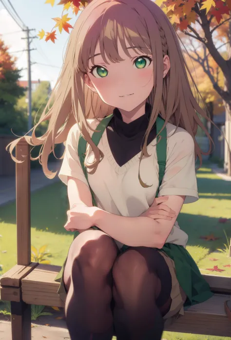 minami yume ,sss dynazenon ,length, long, thick braids, brown hair, smile,blush,(green eyes:1.5) ,blue v-neck sweater,long skirt...