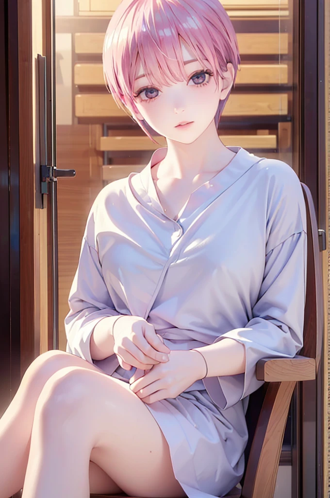 (Highest quality、4K、8k、High resolution、masterpiece:1.2)、Very detailed、(Genuine、Realistic、Realistic:1.3)、Japanese、(Pink Hair)、(Pixie Cut)、Sitting in a chair、In restraint、Noichika