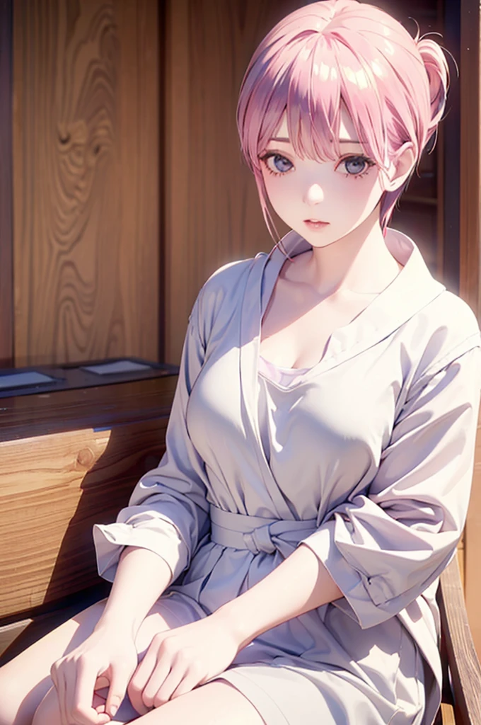 (Highest quality、4K、8k、High resolution、masterpiece:1.2)、Very detailed、(Genuine、Realistic、Realistic:1.3)、Japanese、(Pink Hair)、(Pixie Cut)、Sitting in a chair、Restrained、Nakano Ichika