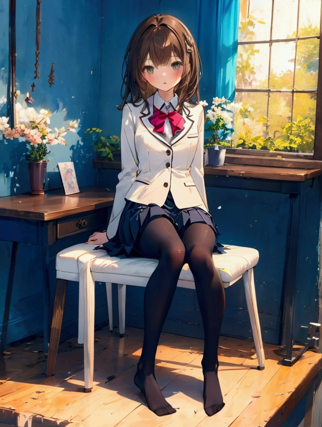 Top quality, masterpiece, High resolution, (Head to toe full body), front, frontやや下からの構図, Symmetric, Tall 18 year old, alone, (Head to toe), (Small breasts), Unkempt brown hair, bangs, (black tights), (Black Pantyhose), (Sit with your legs apart), (Crouching pose), (Composition showing white panties), (Her legs were spread、I see your white pants.), (I was made to sit on the floor with my legs spread..), (M-shaped legs), Thin legs, A very beautiful and tall 18 year old girl, (No shoes), blush, Shy big eyes, looking at the camera, Blazer Uniform, Checkered Pleated Skirt