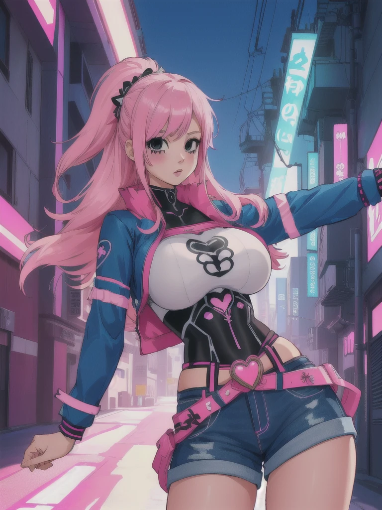 anime girl with pink hair and blue shorts taking a selfie, seductive anime girl, (sfw) safe for work, oppai cyberpunk, revealing clothes, oppai, biomechanical oppai, breasts covered and sfw, touching her clothes, android 18, background artwork, haruno sakura, revealing outfit, detailed digital anime art, [ 4 k digital art ]!!